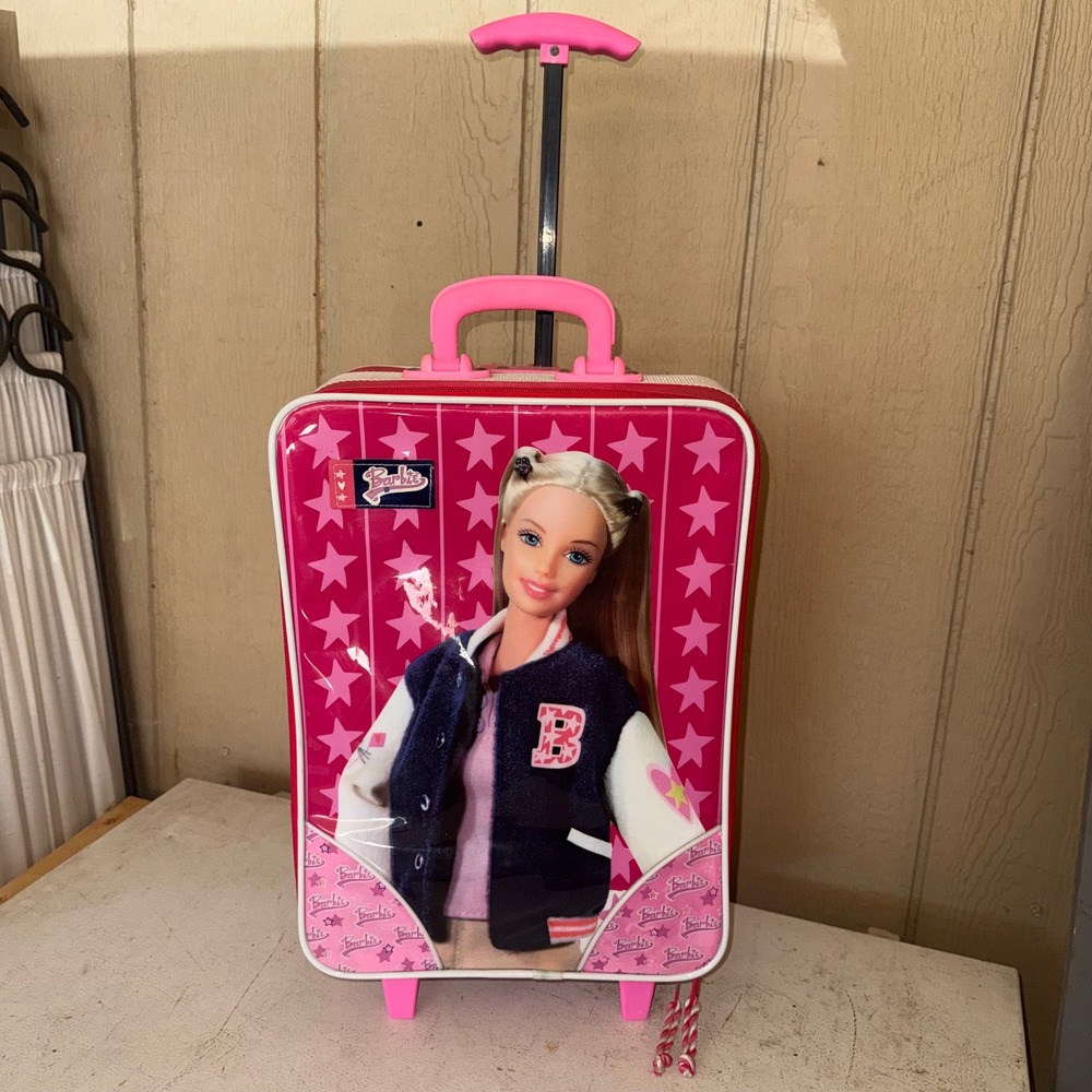 Vintage 2002 Barbie Rolling Suitcase Luggage Pink Wheeled Travel Bag Mattel